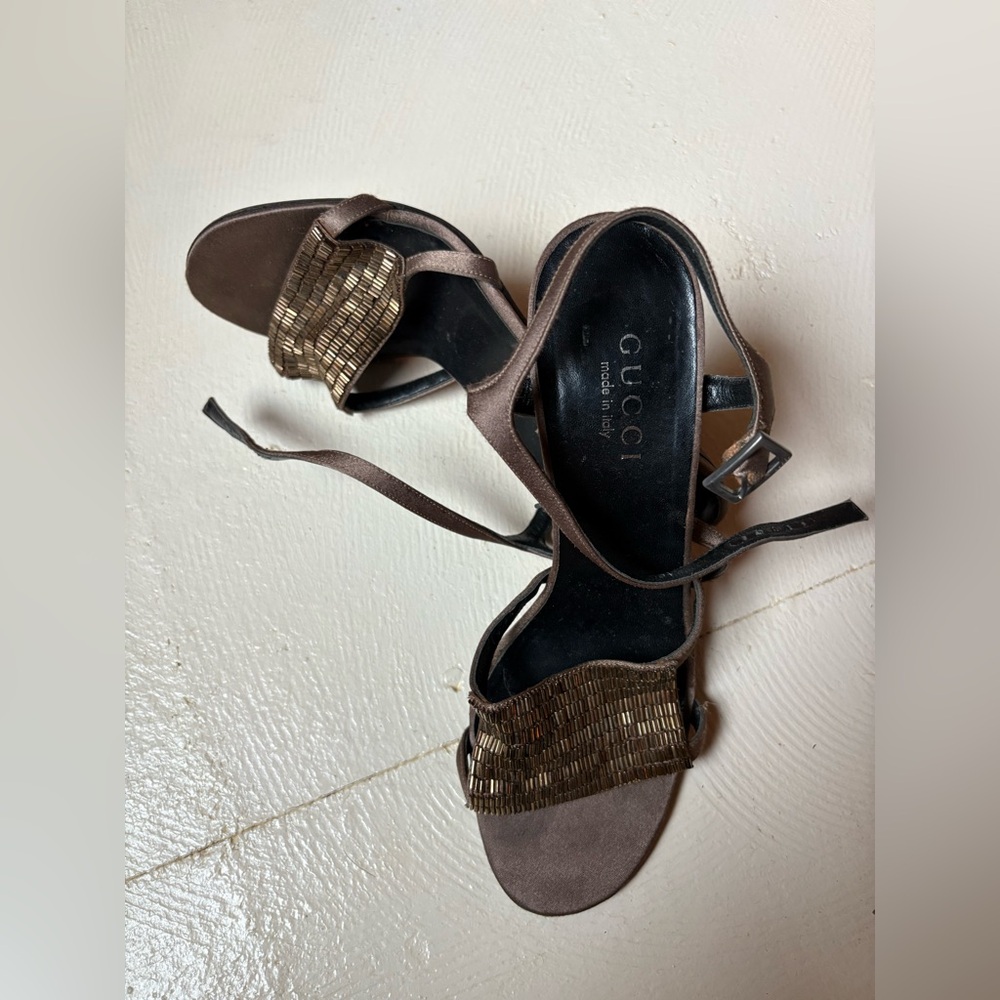 Gucci Vintage Brown Beaded Satin Sandal Heels